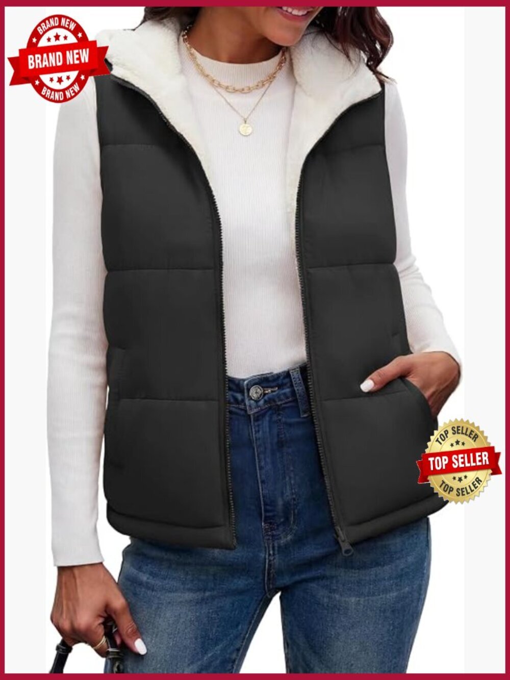 Reversible Fleece Puffer Vest Hooded Zip Up Sleeveless Jacket Warm Winter